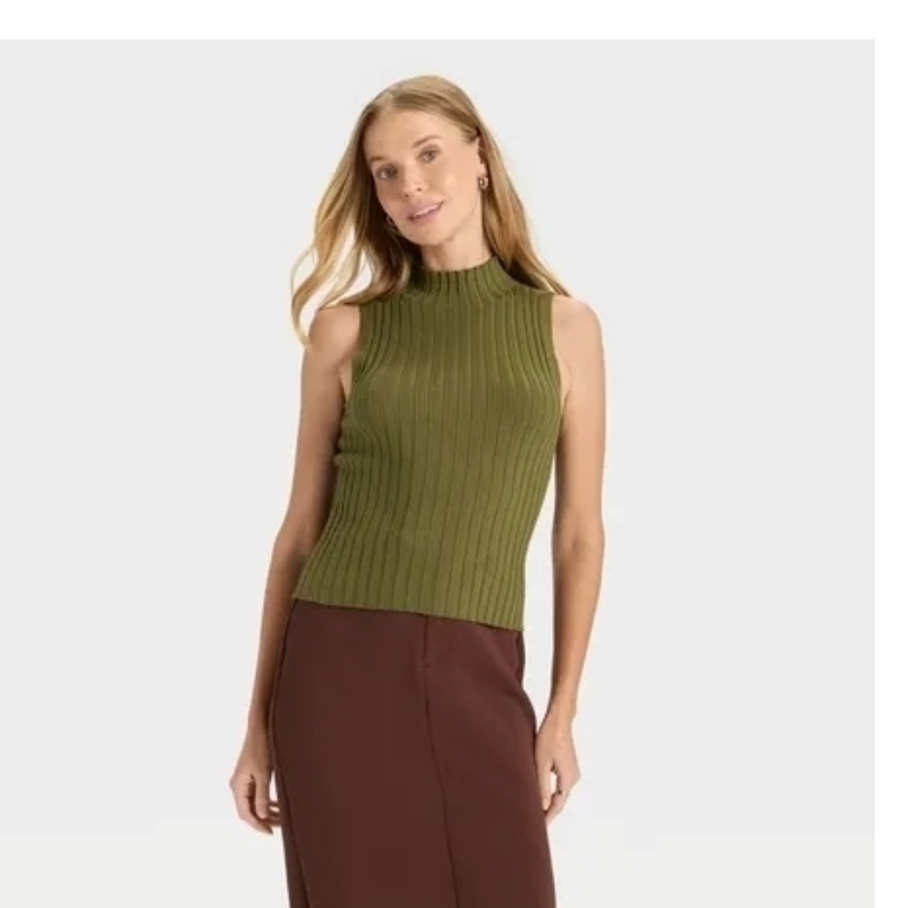 A New Day Women's Mock Neck Ribbed Sweater Tank Olive Green M